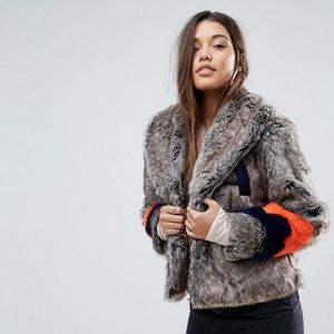 ASOS Faux Fur Jacket with Varsity Stripes -Size 14